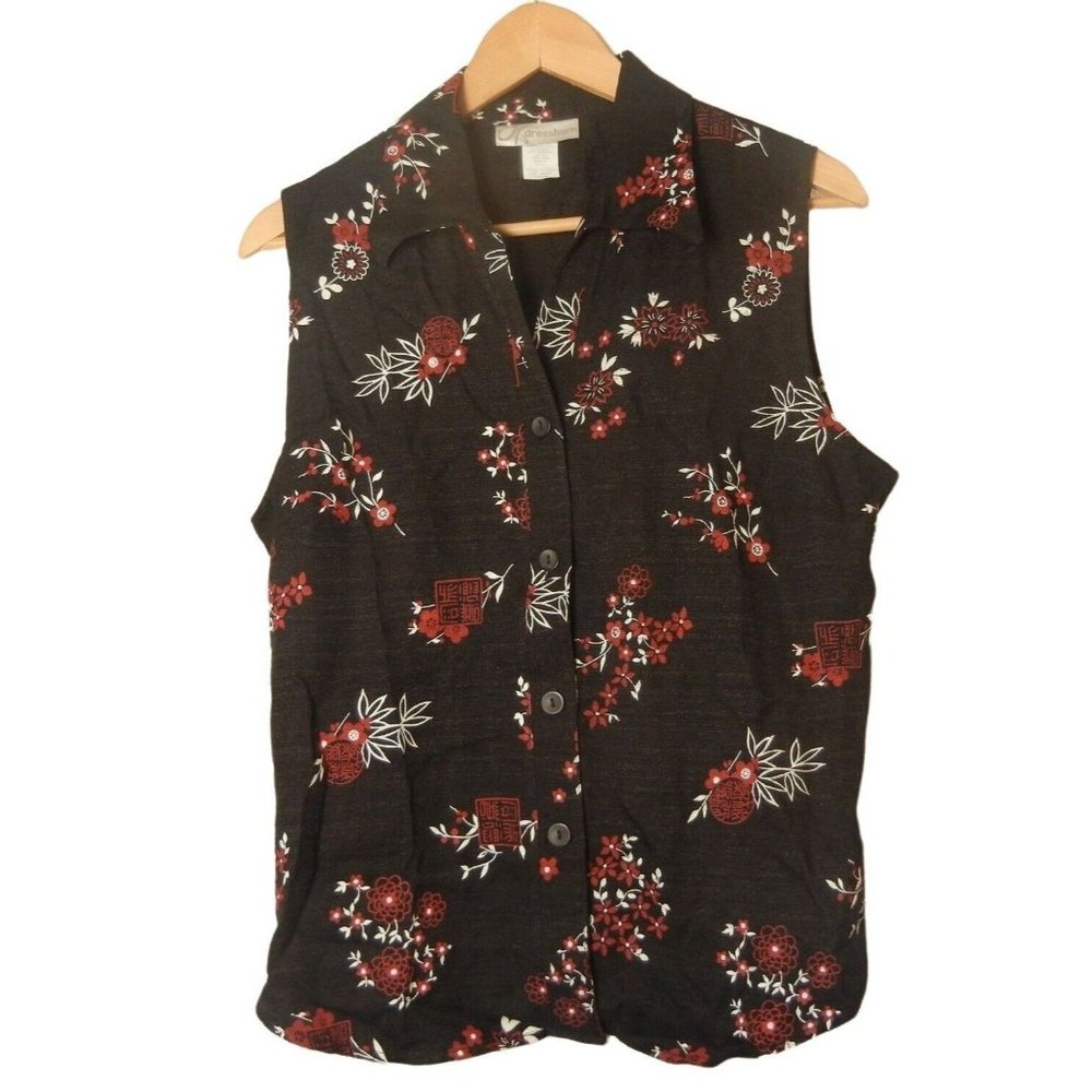 Black sleeveless, collared asian  floral print blouse Large, Dressbarn